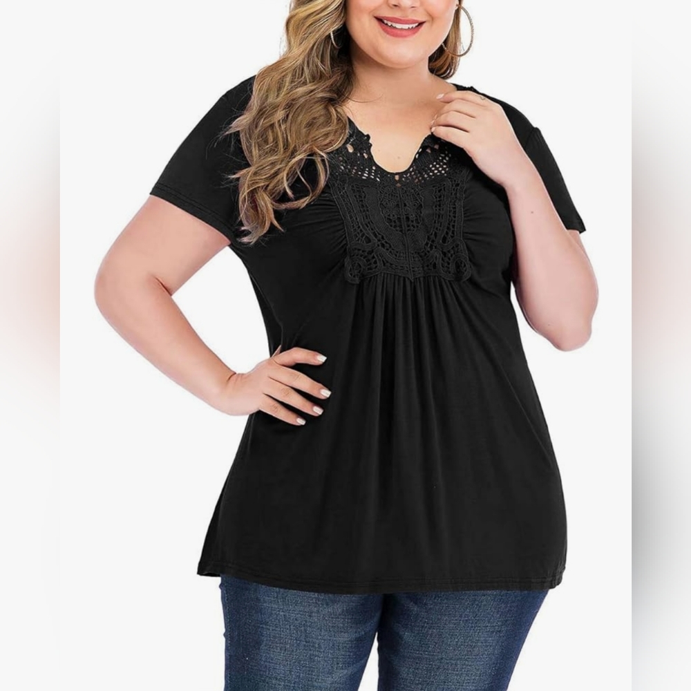 YASAKO Embroidered V-Neck Flowy Swing Blouse Black Size 3XL